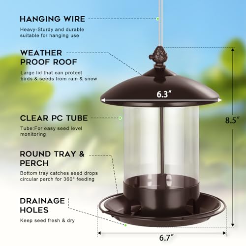 Gbekery Metal Bird Feeders for Outdoors Hanging, Weather Resistant Wild Bird Feeder with 360 Degree Feeding Tray, Brown - color: Brown
