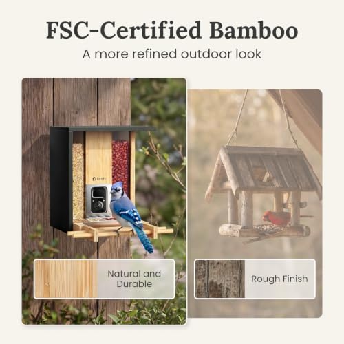 Smart Bird Feeder with Camera, Solar Powered, 2K Live Stream, Bamboo Bird Feeder with Metal Guard, AI Bird Identification, Auto-Recorded Videos, Gift for Bird Lovers - style: BamG AI lifetime