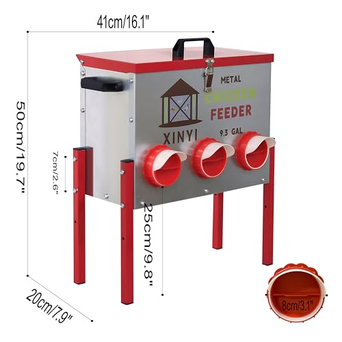 XINYI 9.3 Gallon Automatic Chicken Feeder, 6 Ports Gallon Chick Feeder No Waste with Adjustable Legs, Rodent Proof & Weatherproof Metal Raised Poultry Feeder - size: 6 ports with legs