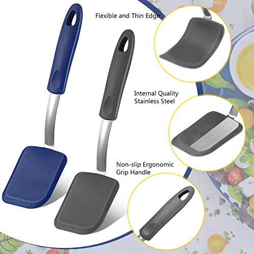 Silicone Cookie Spatula Turner 2 Pack Mini Brownie Spatula Flexible Kitchen Small Silicone Turner for Nonstick Cookware Heat Resistant No Scratch Flipper for Egg(Solid Flat,Gray, Blue) - color: Gray, Blue