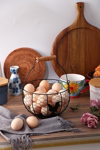 Fresh Eggs Collecting Basket With Handle，Vintage Style Metal Wire Eggs Holder Basket for Countertop Kitchen Storage Bin - color: black