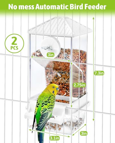 Hamiledyi Automatic Bird Feeder 2 Pcs No Mess Bird Cage Feeder Seed Food Container with Perch Transparent Parrot Cage Accessories for Parakeets, Budgies, Cockatoos, Finches, Lovebirds (White) - color: Translucent White + Perch - 2 Pcs