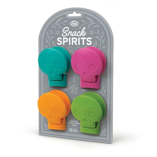 Genuine Fred SNACK SPIRITS Bag Clips, Set of 4, Molded Day of the Dead skull design, Dio de los Muertos, Colorful Calaveras, Bag Clips for food storage - style: Skulls