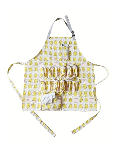 Full Egg Apron for Adult, 12 Deep Egg Pockets with Elastic Closure | Long Wasit Ties, 2 Chest & 3 Bottom Extra Tool Pockets, Adjustable Strap, Yellow Chick Printed, Egg Collect Gather Hold Apron - color: Yellow for Adult