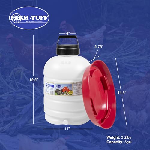 FARM-TUFF Premium 5-Gallon Hanging Chicken Waterer – BPA-Free Plastic, Top-Fill Poultry Fountain for Chickens, Ducks, Turkeys & Game Birds - size: 5G+