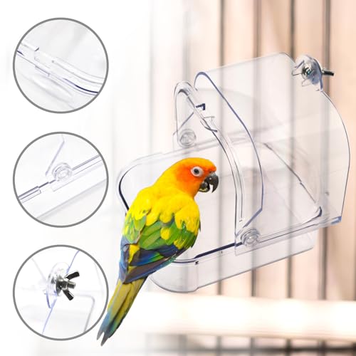 Bird Bath for Cage Transparent Bird Bathtub Hanging Portable Shower Pool No-Leakage with Stainless Steel Hooks for Small Birds Parakeet Canary Budgerigar Parrot Crested
