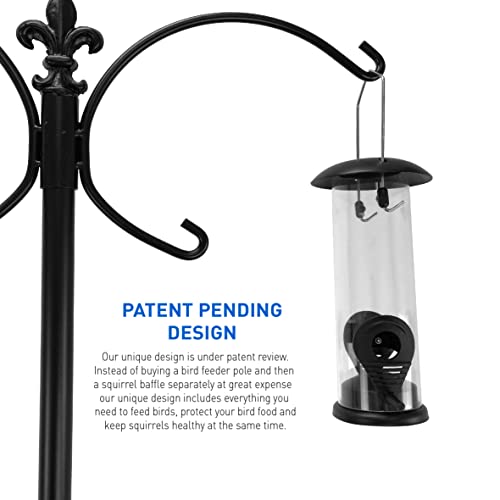 EasyGo Product Squirrel Proof Bird Feeder Wild Bird Station - Powder Coated 81 Inch Steel Pole Squirrel Baffle 2 Bird Feeders 1 Squirrel Peanut Feeder - 5 Prong Base PATENTS PENDING