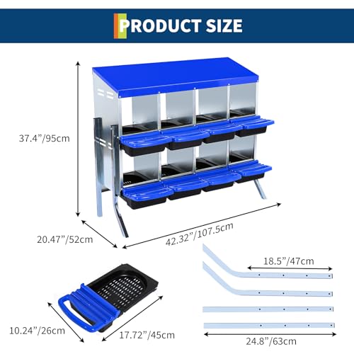 Chicken Nesting Box, 8-Hole Roll Away Egg Laying Box with Lid, Galvanized Steel Rustproof Design - Easy Egg Collection, Easy Clean with Bracket Legs, Blue - color: blue, size: 8 HOLES WITH LEGS