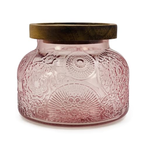 Decorative Pink Embossed Glass Jar with Airtight Wooden Lid, 25.4 fl. oz | Wide mouth vintage storage canister, kitchen pantry bathroom organization, coffee sugar tea cookie candy candle vase gift - size: 25.4 Ounces, style: Pink Flower