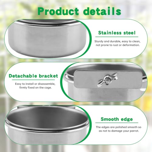 2Pcs Stainless Steel Bird Feeding Bowls with Feeding Spoon,Parrot Food Bowl Cage with Clamp Holder, Parrot Cage Water Feeder,for Cockatiel Parrot Macaw Small Animal Chinchilla