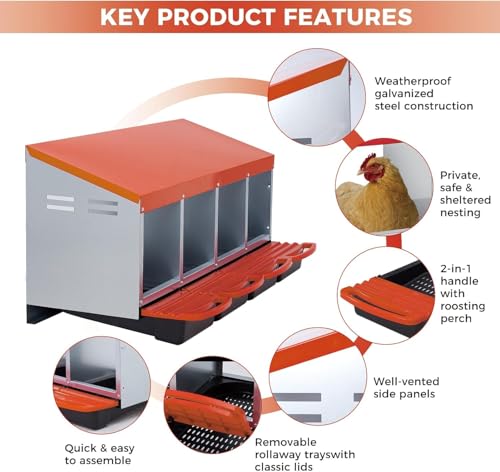  Chicken Nesting Box with Cleanable Pull Out Trays, 4 Hole Roll Away Nesting Box for Laying Hens, Wall Mount or Placed Design for Easy Egg Collection ﻿ - color: Orange, size: 4 Holes