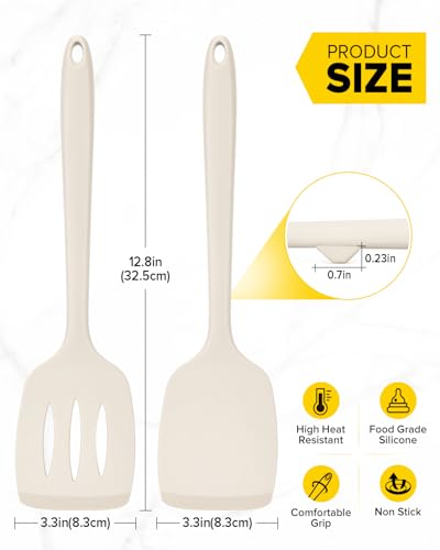 Pack of 2 Silicone Spatula Turners, Non Stick Slotted Kitchen Spatula Set, Heat Resistant BPA Free Kitchen Utensils, One-Piece Design, Suitable for Flipping Fish, Eggs, Steak, Pancakes(KHAKI) - color: Khaki
