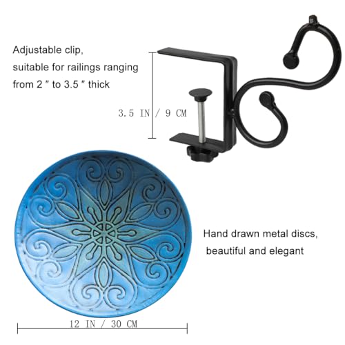 PFNRTH Bird Bath Deck Mounted Bowl 12 Inches for Garden Outdoor Yard Décor | Metal Blue Patterned Balcony Railing Bird Bath