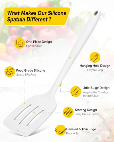 Pack of 2 Silicone Spatula Turners, Non Stick Slotted Kitchen Spatula Set, Heat Resistant BPA Free Kitchen Utensils, One-Piece Design, Suitable for Flipping Fish, Eggs, Steak, Pancakes (WHITE) - color: White
