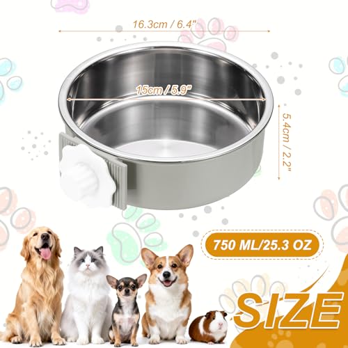 Crate Dog Bowl, Removable Stainless Steel Pet Cage Hanging Anti-Overturn Food Water Feeder Cage Cup (Round, Grey, 25.3oz), Intended for Puppies/Cat/Rabbit/Bird - color: Grey, size: 6.4"(25.3oz)