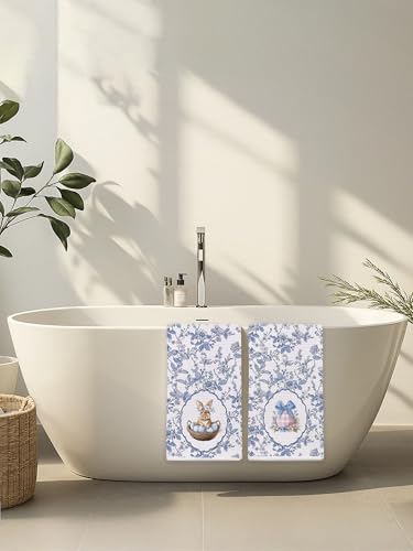 Blue and White Chinoiserie Easter Egg Bunny Kitchen Towels Set of 2 - Farmhouse Spring Easter Rabbit Hand Towels for Kids Girls Bathroom, Vintage Blue Floral Dish Tea Towel Dishcloth616 - color: Hcolor004