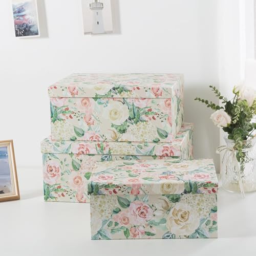 Soul & Lane - Blooming Rose Decorative Storage Boxes with Lids, Set of 3 | Large Nesting Cardboard Keepsake Boxes for Photos and Memories, Floral Photo Storage Containers for Home Decor - color: Blooming Rose