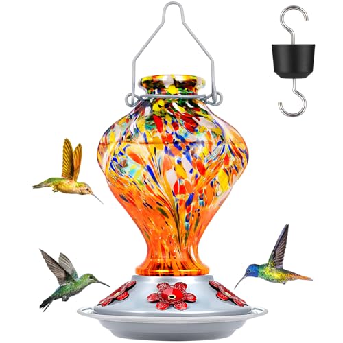 Glass Hummingbird Feeders for Outdoors Hanging with ant Moat, Orange | Hand Blown, 24oz, 5 Bee-Proof Ports, 360° Perch, Leak-Proof, Easy Refill & Clean, Garden Decor, Gifts for Mom Dad Women Men - color: Orange Fireworks