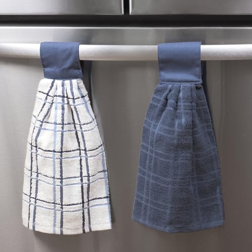 Ritz Premium 100% Cotton Solid and Multi Check Kitchen Tie Towel, Absorbent, Super Soft, and Fast Drying Hang Towel, Set of Two, Federal Blue - color: Federal Blue, size: Solid & Multi Check - 2 Piece