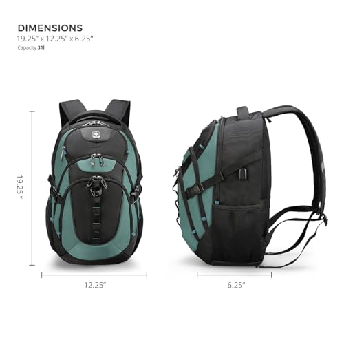 Swissdigital Design Laptop Backpack with USB Charging Port, Travel Backpack Fits 15.6 inches Computer, 31L College School Backpack for Men, Lake Green/Black | SD803-27 - color: Lake Green/Black