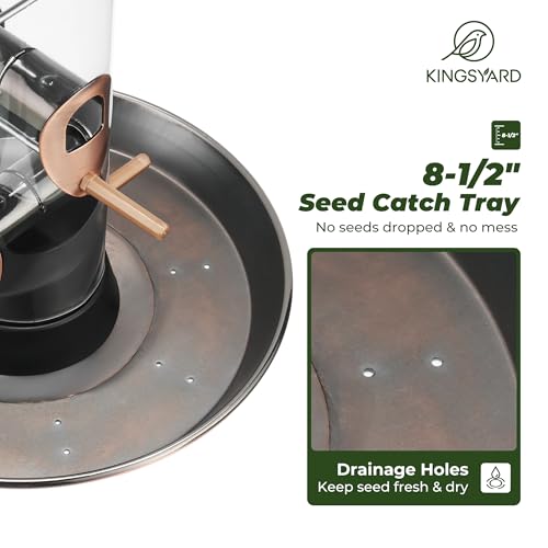 Kingsyard 6-Port Tube Bird Feeder for Outdoors Hanging | 9.5" Rustproof Metal Removable Tray, 11.5" Weatherproof Dome, 3 lb Seed Capacity, Garden & Backyard Birding Gift, Copper - color: Antique Copper