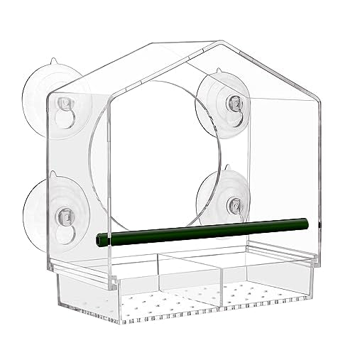 Acrylic Window Bird Feeder with 4 Strong Suction Cups, Clear and Transparent Bird House, Removable Food Tray with Drain Holes, Easy Install and Clean for Backyard and Viewing