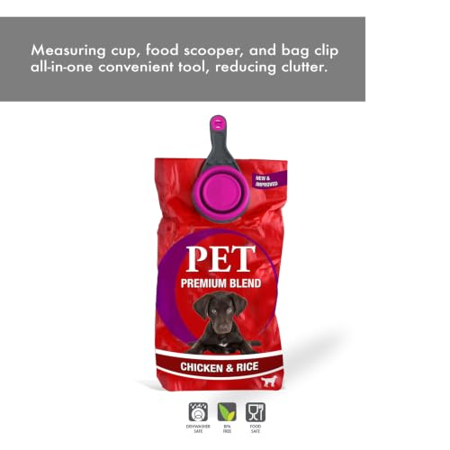 Dexas Popware for Pets Collapsible Klip Scoop, 3-in-1 Pet Food Scoop, Measuring Cup and Bag Clip, 1 Cup Capacity, Fuchsia - color: Fuchsia, size: 1 Cup Capacity