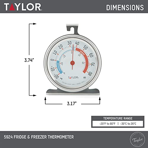 Taylor 5924 Large Dial Kitchen Refrigerator and Freezer Analog Thermometer, 3-Inch Dial, Easy to Read, Silver Finish, Accurate Temperature Monitoring - size: 1 Pack