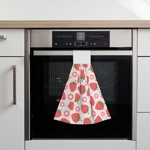 Cute Red Strawberry Kitchen Hand Towels Spring Pink Flowers Hand Tie Towels Set of 2 PCS Dish Towels with Loops Tea Bar Dish Cloths Towel for Bathroom Home - color: Pink Strawberry Cute Flowers