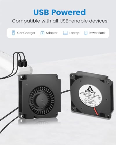 GDSTIME 50mm x 10mm USB Blower Fan with Speed Control DC 5V Powered, 2-Pack | Type-A USB Plug, L/M/H Adjustable Speed, 50x50x10mm Mini Size, Brushless Turbo, Micro Blowers Quiet, 5010, for DIY Cooling - size: 50x10mm