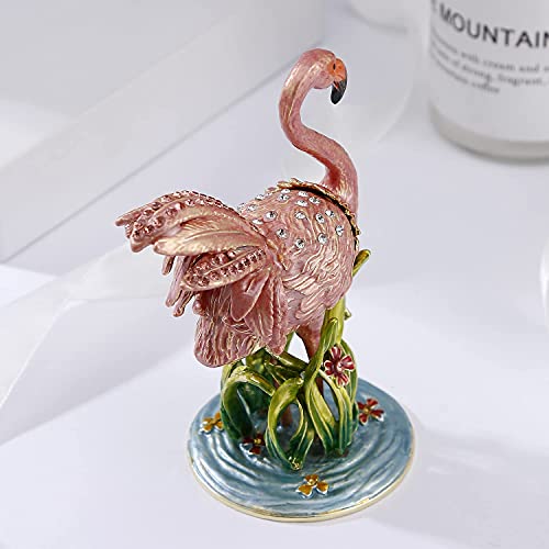 Hand Painted Enamel Flamingo Trinket Box, Hinged Unique Mini Ring Necklace Jewelry Organizer, Classical Bejeweled Storage, Figurine Collectible Keepsake Home Decor (Flamingo) - color: Flamingo