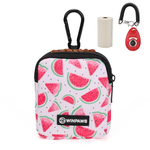 Dog Treat Pouch with Training Clicker,Waterproof Nylon Fabric Poop Bag Holders for Leashes,Hands Free Small Dog Walking Bag with Carabiner, Pet Puppy Training Walking Essentials (Watermelon) - color: Watermelon