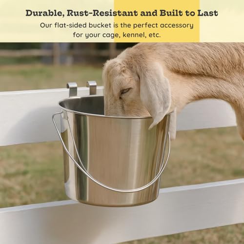 9 quart Stainless Steel Flat Sided Bucket with Dual Hooks | 2.25 gal Food & Water Bowl for XL Dog Goat Sheep Cattle Horse & Livestock | Fits kennel Crate Cages Farm | Hanging Utility Pail - size: 9 Quart