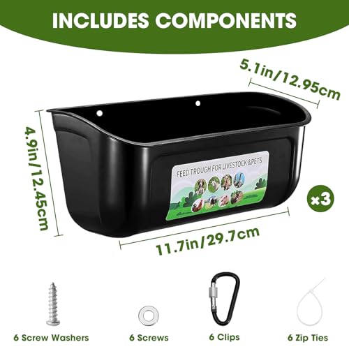 3 Pack 6 Quart Chicken Duck Feeder Trough, Black | Fence Mount Hanging Feeder with Clips; Fits Chicken, Duck, Geese, Turkeys, Goats & All Farm Livestock Coop Feeding - color: black