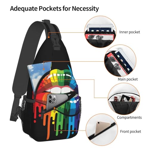Lgbt Pride Rainbow Lips Art Black Sling Backpack Crossbody Shoulder Bag Chest Bag Travel Chest Pack Casual Daypack For Women Men Hiking Sports Working - color: Black2