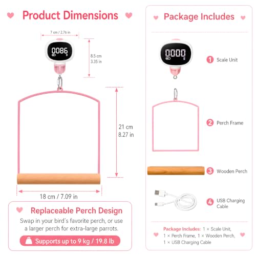 Hanging Bird Weight Scale,Parrot Scale with Swing,Digital Bird Cage Perch Scale for Easy Weight Monitoring,Suitable for Conures, Budgerigars,Finches,Lovebirds and Small Moderate-Sized Birds (Pink)