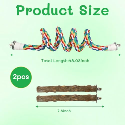 48" Bird Rope Perch & 2 Pack 7.9" Pepper Wood Perch Set, Flexible Climbing Toy & Bird Cage Perches for Parakeets, Cockatiels, Budgies, Lovebirds & Small to Medium Birds