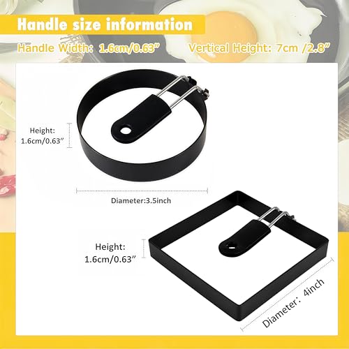 4 Pack Egg Rings for Frying Eggs, Round & Square Egg Cooking Stainless Steel, for English Muffins Pancake, with Silicone Handle