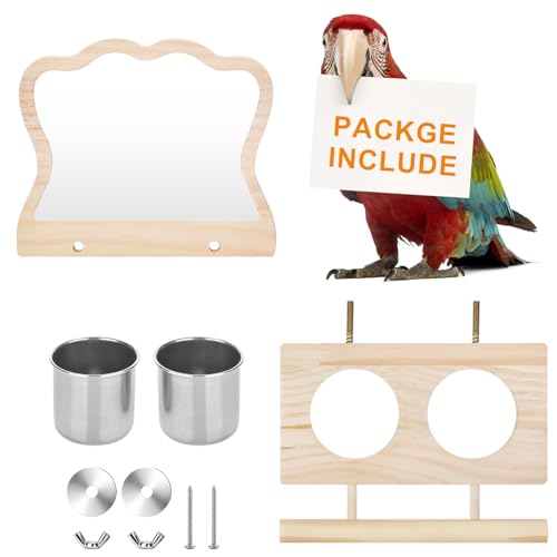 Bird Perch Platform Toy with Mirror, Standing Rack & Stainless Steel Bowl - Wooden Play & Exercise Gym Stand, Cage Accessory for Cockatoos, Lovebirds, Budgies, Pacific Parrotlets & Canaries