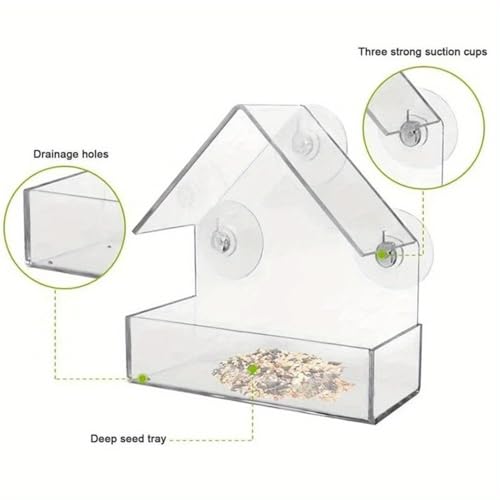 Clear Window Bird Feeders with Strong Suction Cups and Drain Holes Sturdy and Durable 360° View Acrylic Birdfeeders for Viewing Wild Birds Outside, Outdoor Small Bird House, Garden Decor