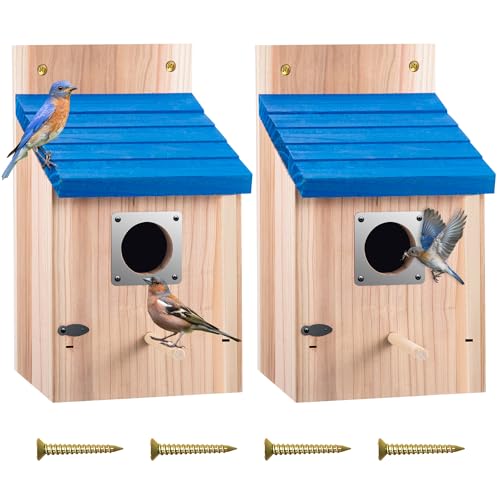 Dreyoo Cedar Bluebird Box Houses for Outside, 1-1/2'' Entrance Hole Wooden Bird Houses with Metal Guard, Secure Latch, Fledgling Grooves, Air Vents for Bluebird Wren Swallow (2 Pack)