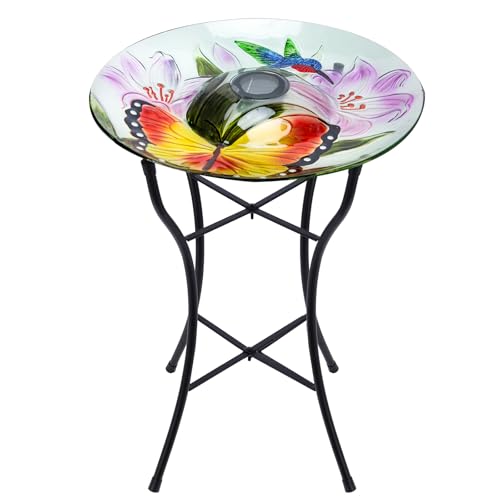 MUMTOP Outdoor Glass Bird Bath Solar Birdbath with Metal Stand Garden Decor | 20" H 16" D Garden Hummingbird Butterfly Large Glass BirdBaths Bird Feeder Bowl with Solar Light for Lawn Yard Garden Decor - color: Orange-Green