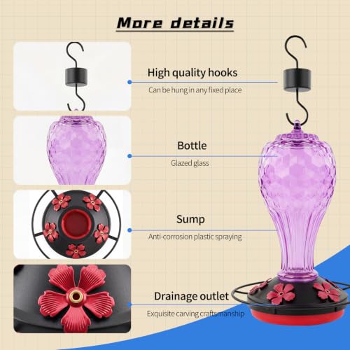 Hummingbird Feeder Colorful Blown Glass Outdoor Hummingbird Feeder with Ant Moat and 5 Feeding Ports for Outdoors Hanging Garden Decor, Bird Lovers (Purple) - color: Purple