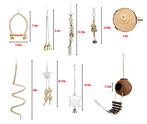 9-Piece Parakeet Toys & Budgie Toys, Bird Cage Accessories Set | Natural wood bird toys include coconut hideaway, swing, ladder, perch, mirror and hanging toys for budgies & cockatiels