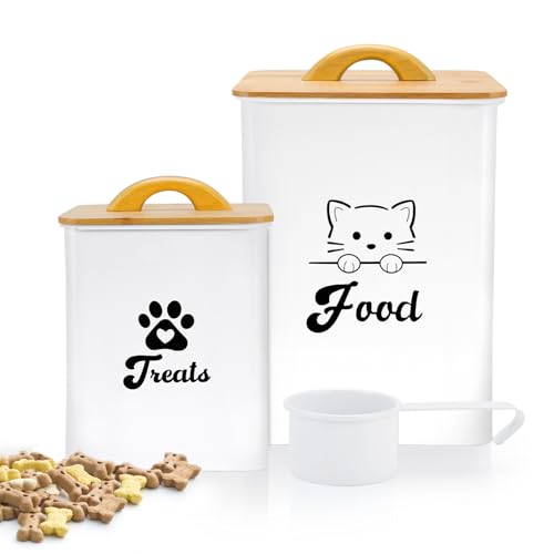 Cat Food Storage Container with Scoop, 2PCS Cat Food Storage Container with Lids Airtight, Cat Treat Jars for Kitchen Counter-7+3Lbs, Cat Cookie Jar for Storage, White - color: White