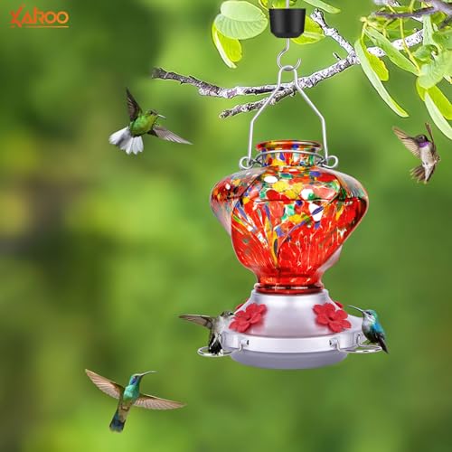 Hummingbird Feeder for Outdoors with Ant Moat, Hummingbird Feeder, Hand Blown Glass, 4 Bee Guard Feeding Ports with Perch, Outdoor Garden Décor, 16OZ, Red, Gifts for Mom Wife Dad Men Women - color: Red & Yellow