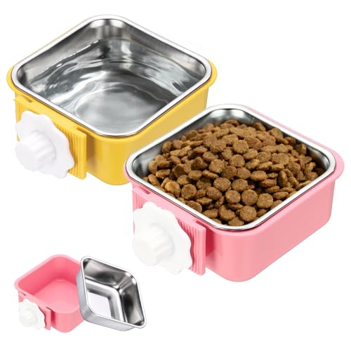 Crate Dog Bowl, Removable Stainless Steel Pet Cage Hanging Anti-Overturn Food Water Feeder Cage Cup (2Pcs, Square, Yellow/Pink, 11.1oz), Intended for Puppies/Cat/Rabbit/Bird - color: Yellow/Pink, size: 4.7"(11.1oz)