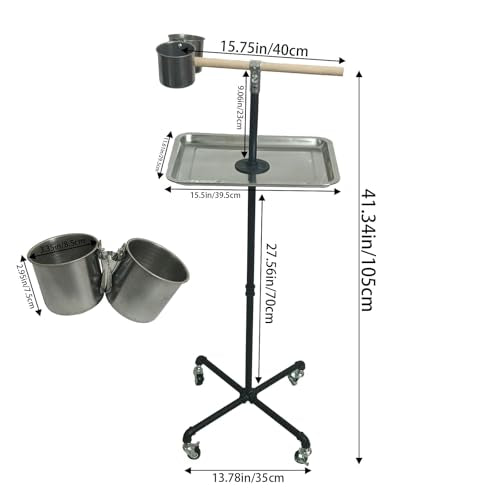 Stainless Steel Tray Bowls Bird Perch Stand,with Wheels Parrot Stand,Parrot Perch Stand 2 Stainless Steel Cups,Bird Play Stand for Indoor Outdoor(Black