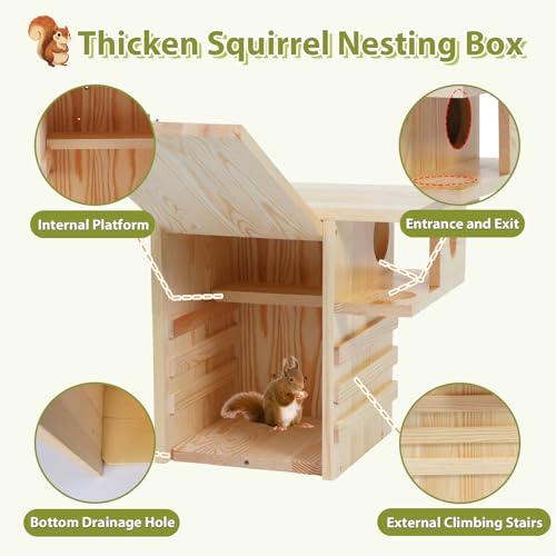 Extra Large Squirrel House for Outside, Squirrel Box with Predator Guard | Pine Wood Squirrel Nesting Box Outdoor, with Exterior Porch for Backyard Tree, Suitable for Squirrel Family, Easy to Assemble - size: Extra Large: 12.6"wide