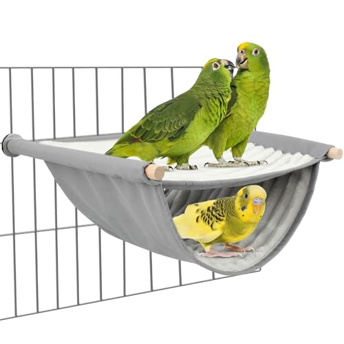 BWOGUE Bird Nest Bed Hanging Hammock, Parakeet Bed for Cage, Cockatiel Bed | Warm Fleece Snuggle Hut, Double-Layer Comfort, Wooden Perch Setup, Washable Hammock - color: Grey, size: Large (13.56"x9.2")